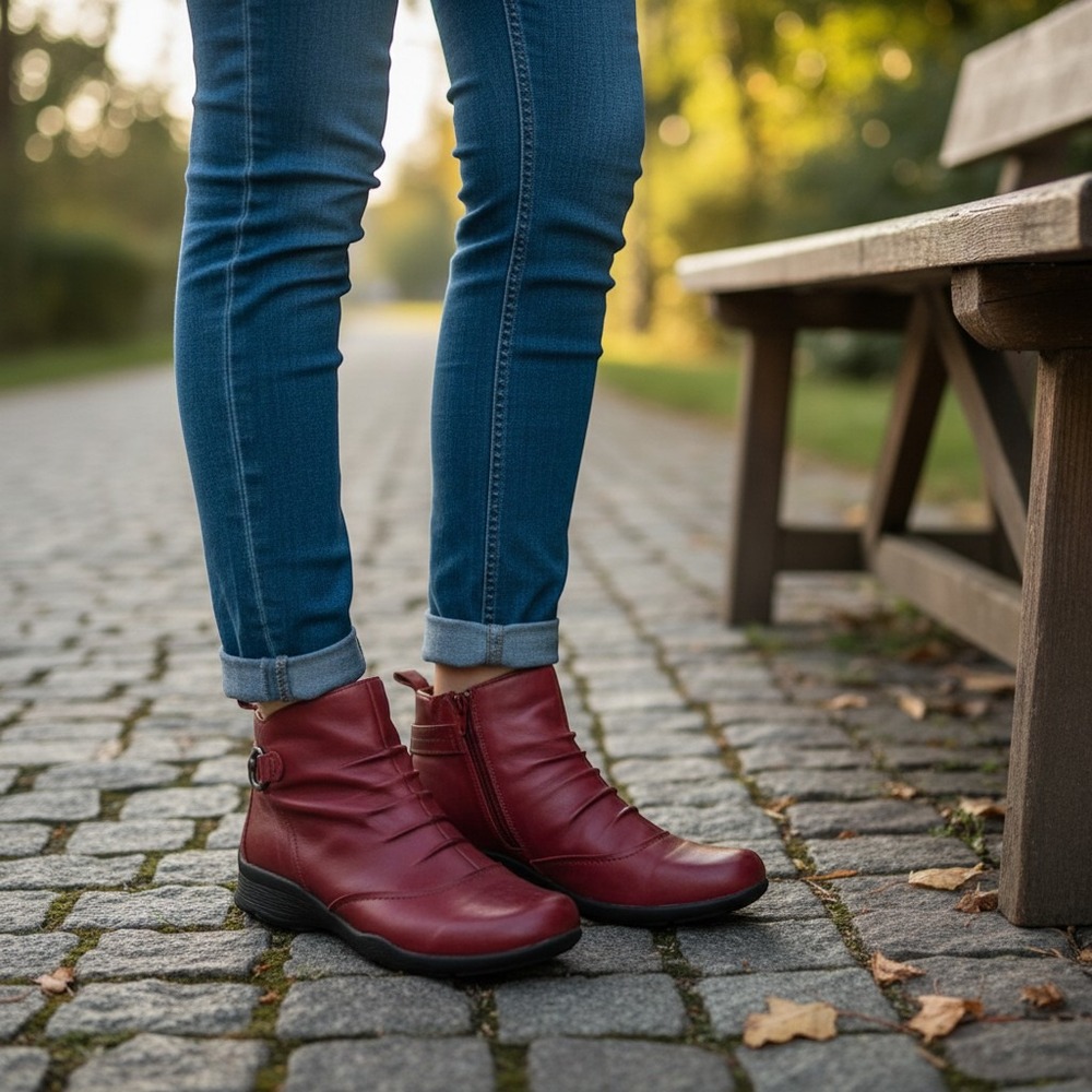 Earth Origins Alta Bordeaux Red Leather Ruched Ankle Boots Womens 8.5B